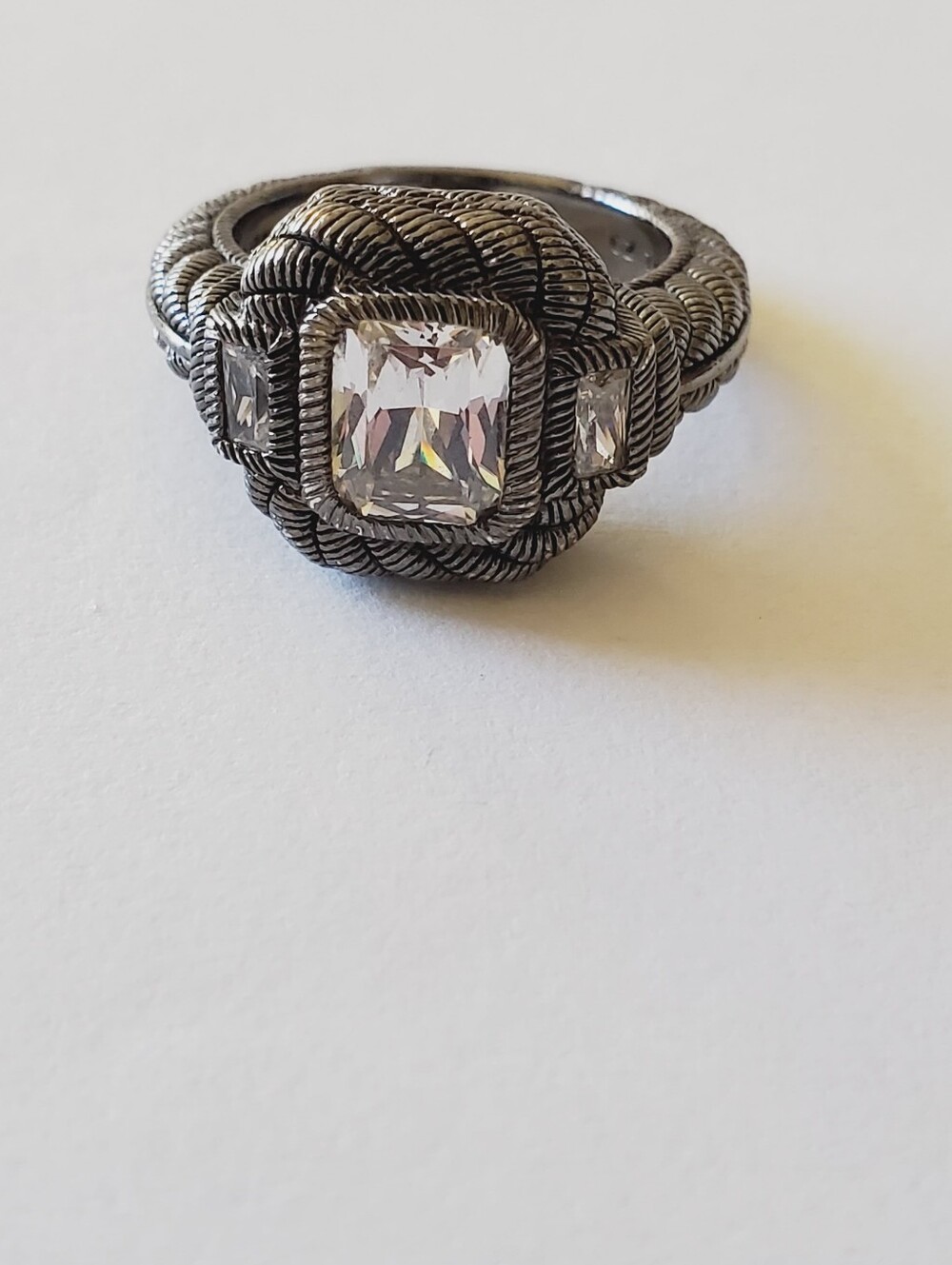 Rare Judith Ripka Nephrite Gunmetal Sterling Ring With Diamonique Center Stone